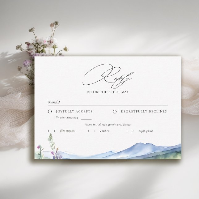 Mountains Wildflowers Meadow Modern Wedding Meal RSVP Karte (mountain wedding rsvp reply respond wildflowers meadow floral watercolor modern calligraphy)