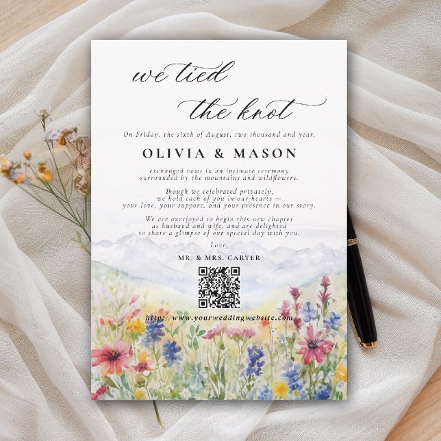 Mountains Wildflowers Meadow Wedding Announcement Einladung (we tied the knot wedding announcement mountains wildflowers meadow modern calligraphy watercolor)