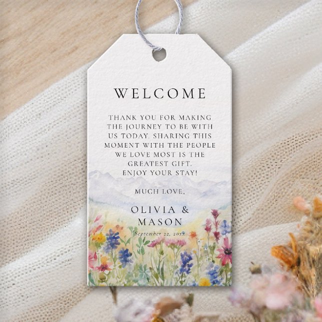 Mountains Wildflowers Meadow Whimsical Wedding Geschenkanhänger (mountains wedding gift tag wildflowers meadow floral watercolor modern elegant rustic romantic)