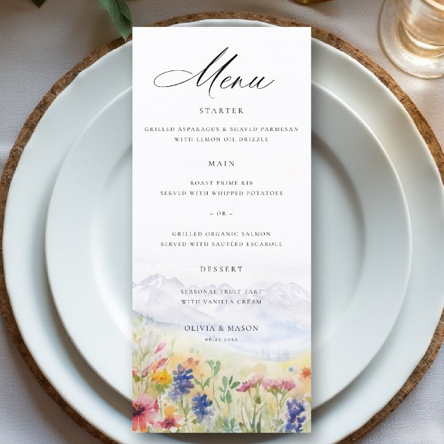 Mountains Wildflowers Meadow Whimsical Wedding Menükarte (mountains wedding menu wildflowers meadow floral watercolor modern elegant rustic romantic)