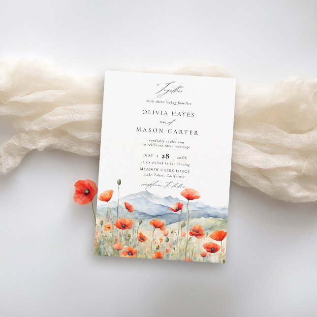 Mountains Woods Rustic Popppy Wildblumen Hochzeit Einladung (mountains wedding invitation wildflowers poppies meadow outdoors woodland rustic elegant modern chic)