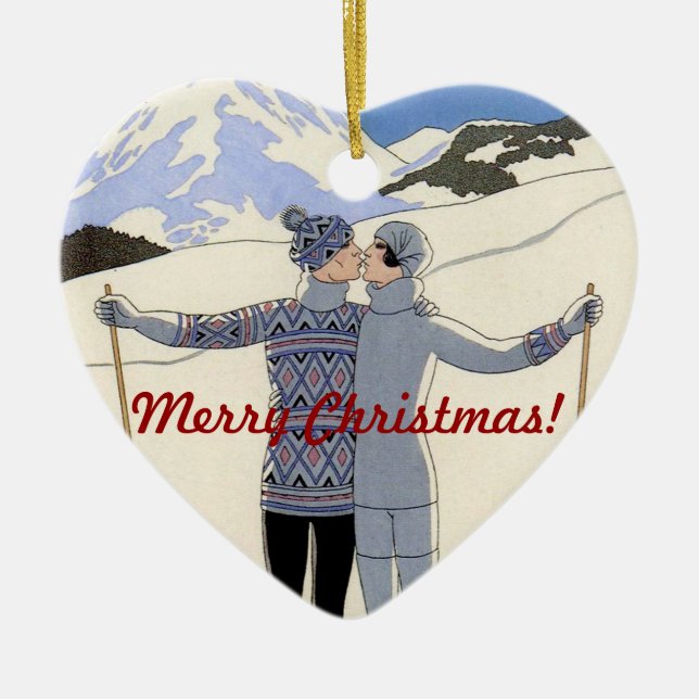 Mountan Skifahrerpaare küssen - frohe Weihnachten! Keramikornament (Vorne)