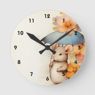 Mousblauer Regenschirm Orange und Blumen Runde Wanduhr