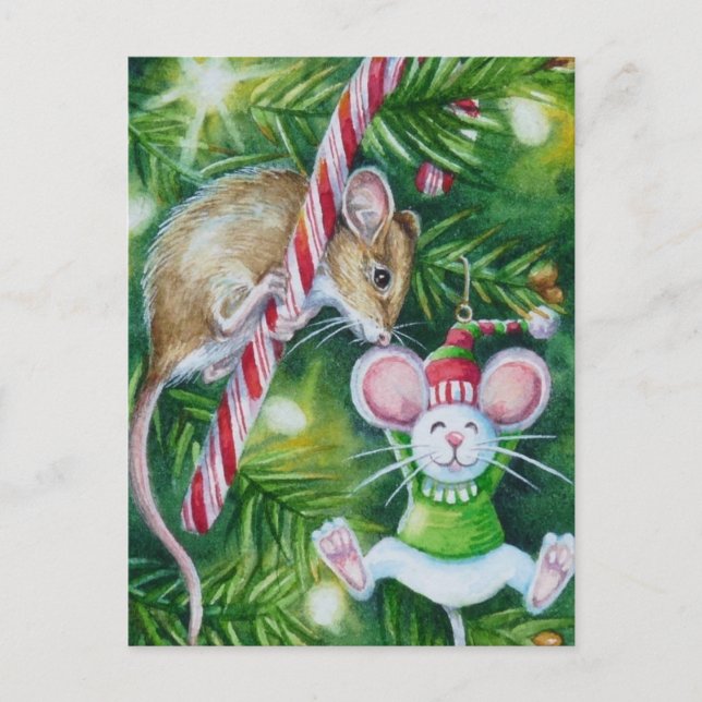 Mouse and Christmas Tree Ornament Watercolor Art Postkarte (Vorderseite)