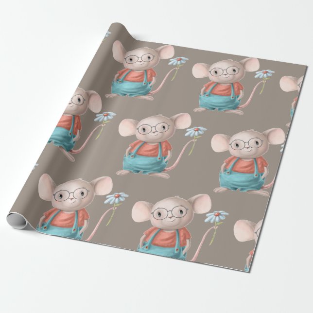 Mouse Animal Cartoon Glasses Birthday Geschenkpapier (Ungerollt)