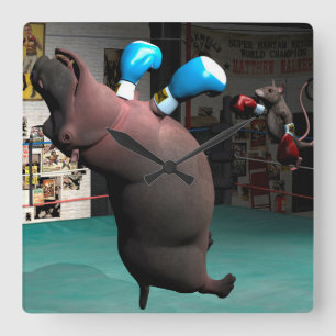 Mouse Beats Hippo KO Quadratische Wanduhr