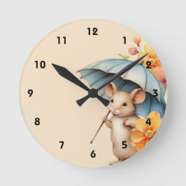 Mouse blauer Regenschirm orange Blume alte Vintage Runde Wanduhr