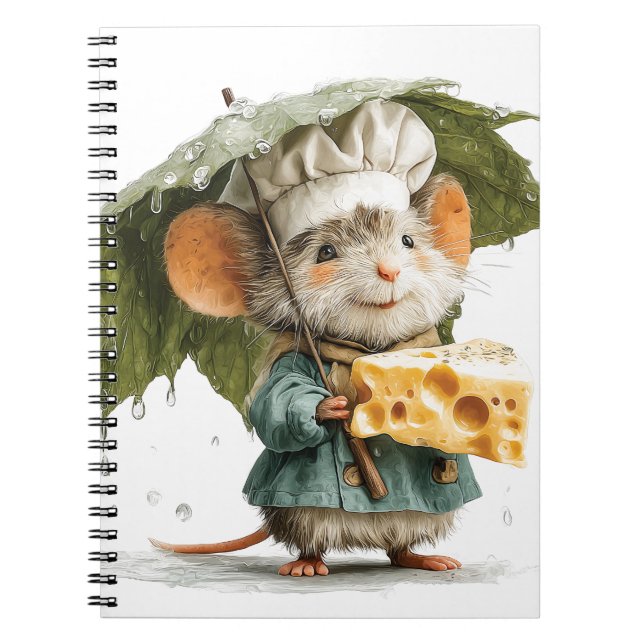 Mouse Chef in Rain with Leaf Umbrella and Cheese Notizblock (Vorderseite)