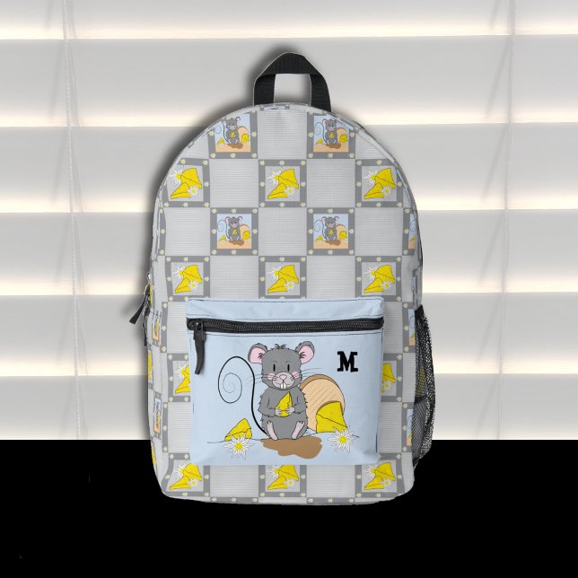 Mouse Eating Cheese Monogram Backpack  Bedruckter Rucksack (Cartoon mouse eating cheese backpack with name initial .)
