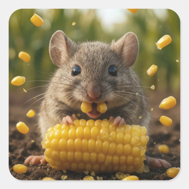 Mouse Enjoying an Ear of Corn Quadratischer Aufkleber (Vorderseite)