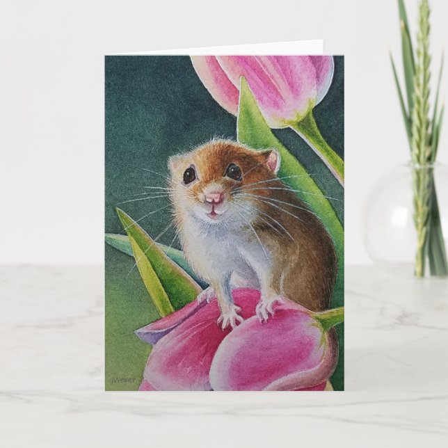 Mouse ernten auf rosa Tulip Wasserfarbe Kunst Karte (Vorderseite)