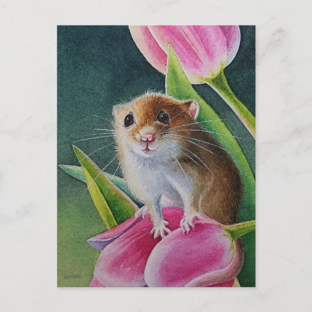 Mouse ernten auf rosa Tulip Wasserfarbe Kunst Postkarte (Vorderseite)