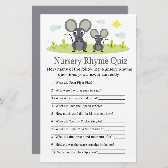 Mouse Kinderzimmer Rhyme Quiz Kinderduschspiel (Vorne/Hinten)