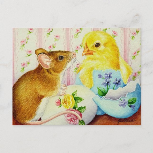 Mouse Meets Baby Chick Osterfarben Kunst Postkarte (Vorderseite)
