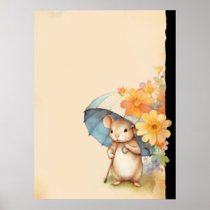 Mouse niedliche Schirme Orange Blume altes Papier Poster