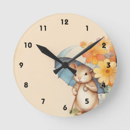 Mouse niedliche Schirme Orange Blume altes Papier Runde Wanduhr