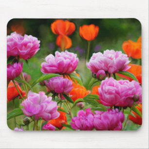 Mouse Pad Pink Peonies & Orange Poppies Mousepad