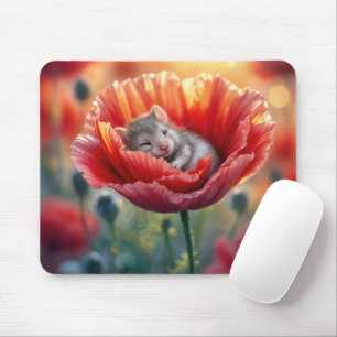 Mouse schlafen in einer roten Mohnblume-Blume Mousepad