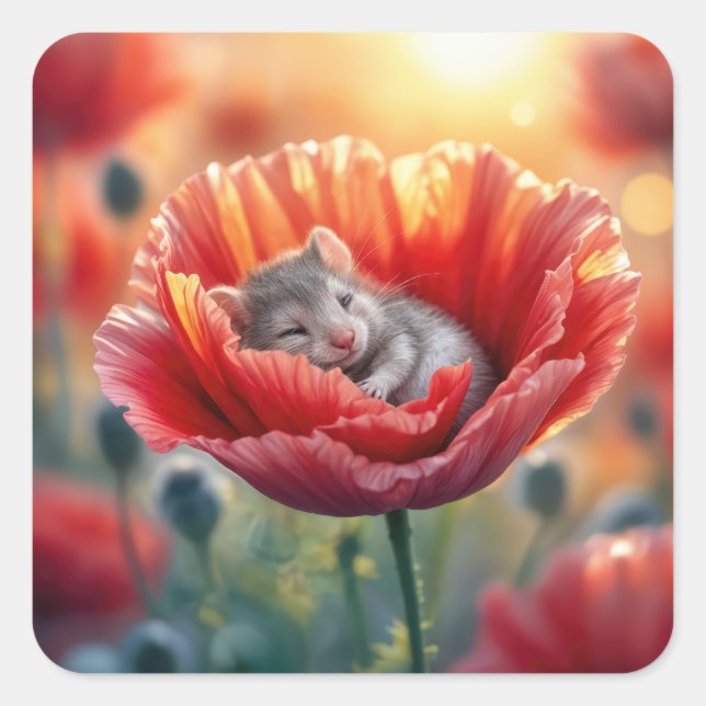 Mouse schlafen in einer roten Mohnblume-Blume Quadratischer Aufkleber (Vorderseite)