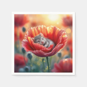 Mouse schlafen in einer roten Mohnblume-Blume Serviette