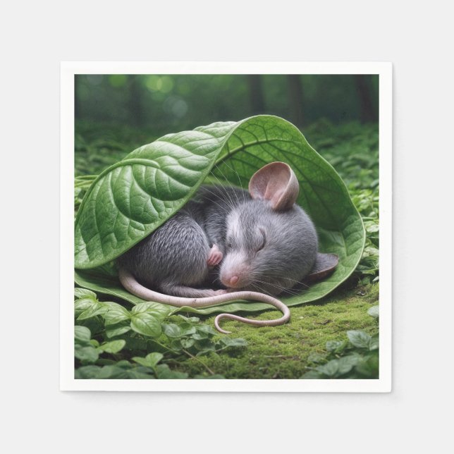 Mouse schlafen in grünem Leaf Serviette (Vorderseite)