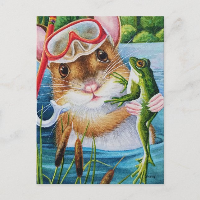 Mouse Schnorchel & Maske mit Bullfrosch Wasserfarb Postkarte (Vorderseite)