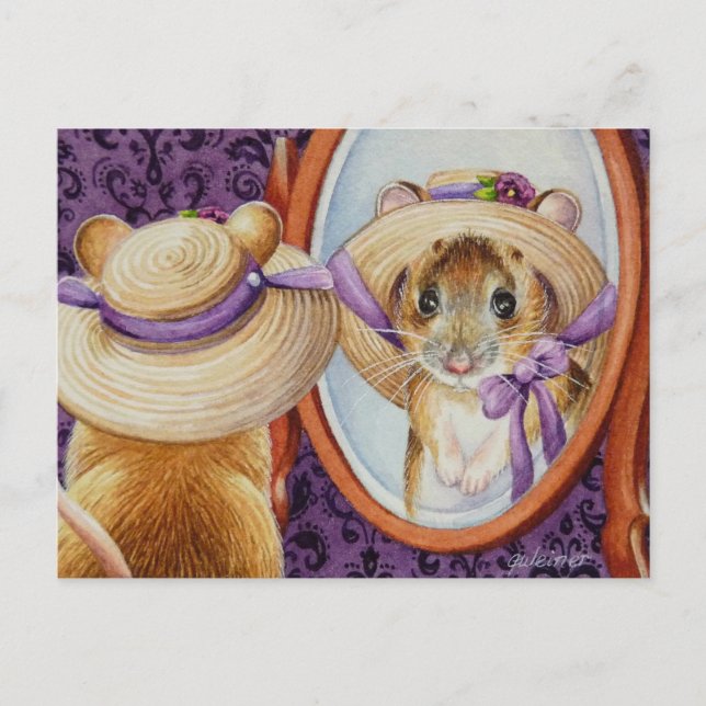 Mouse Wear Spring Bonnet Mirror Wasserfarben Kunst Postkarte (Vorderseite)