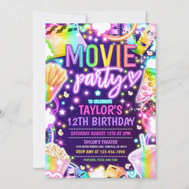 Movie Birthday Party Neon Rainbow Movie Party Einladung (Vorderseite)