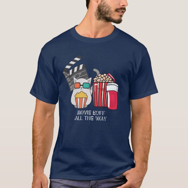 Movie Buff Cat mit Popcorn und Drinks T-Shirt (Vorderseite)