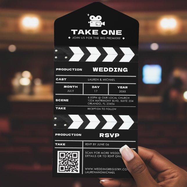 Movie Film Clapboard QR Code Wedding All In One Einladung (Movie Film Clapboard QR Code Wedding All In One Invitation
)