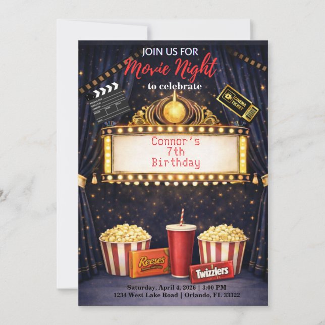 Movie Night Birthday Invitation  Einladung (Vorderseite)