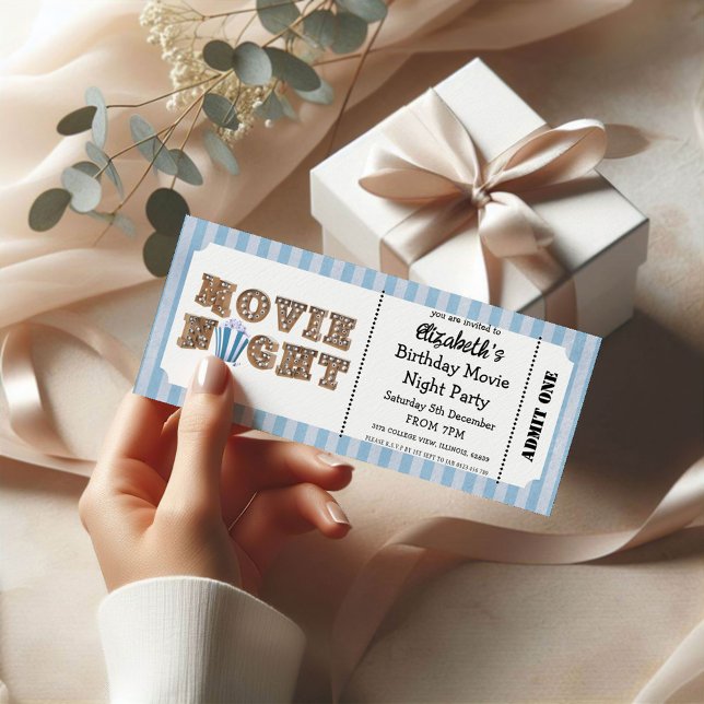 Movie Night Birthday Party Blue Ticket Style  Einladung (Von Creator hochgeladen)