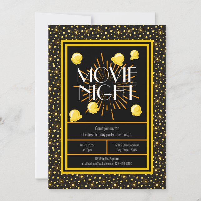 Movie Night Birthday Party - Feuerwerk Popcorn Einladung (Vorderseite)