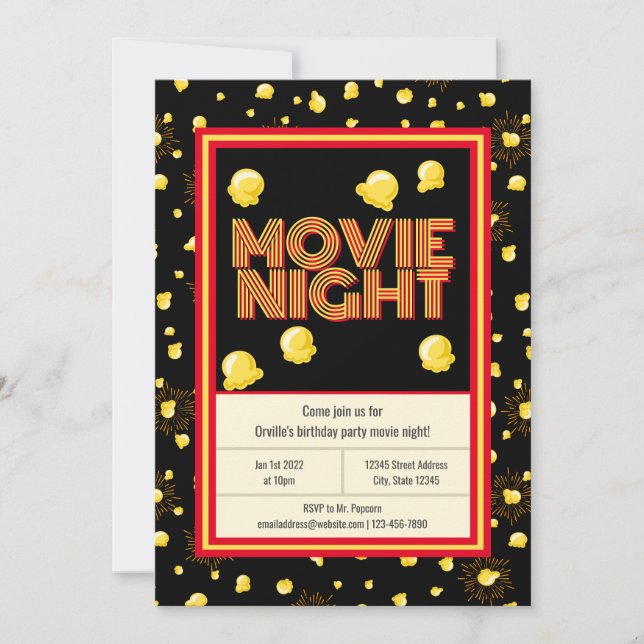 Movie Night Birthday Party - Marquee Popcorn Einladung (Vorderseite)