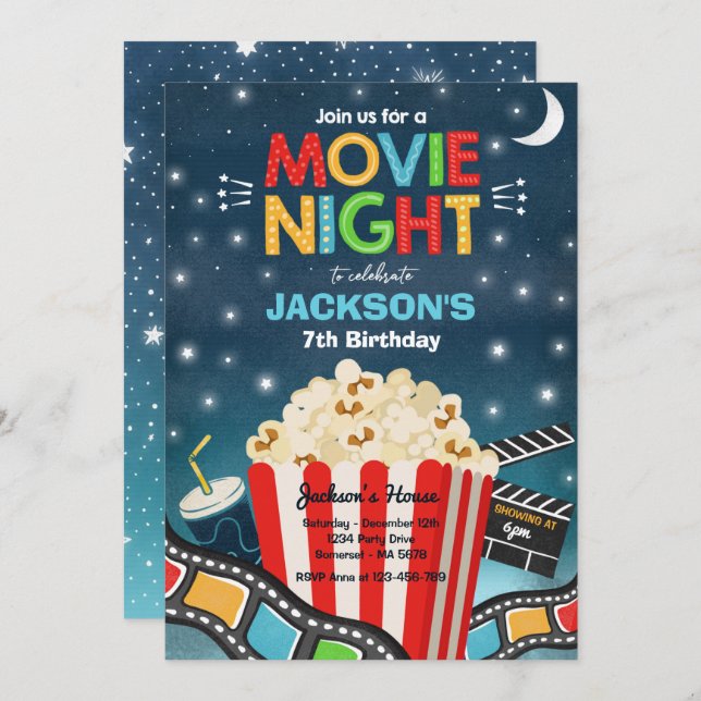 Movie Night Birthday Party Movie Sleepover Popcorn Einladung (Vorne/Hinten)