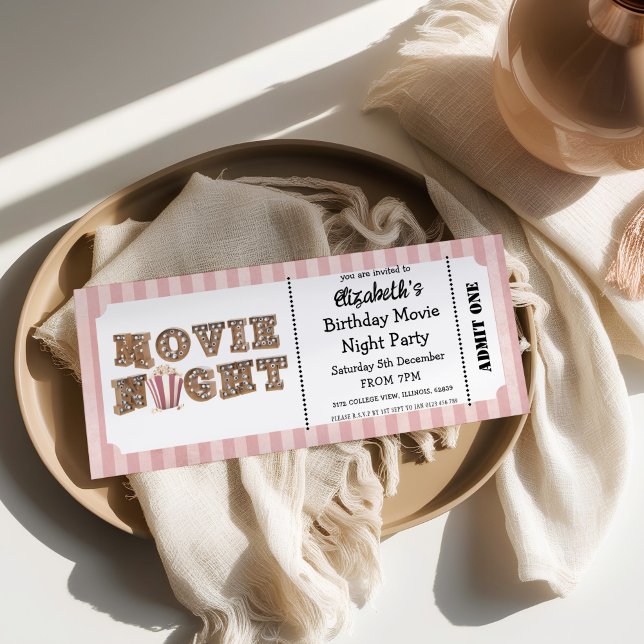 Movie Night Birthday Party Pink Ticket Style  Einladung (Von Creator hochgeladen)
