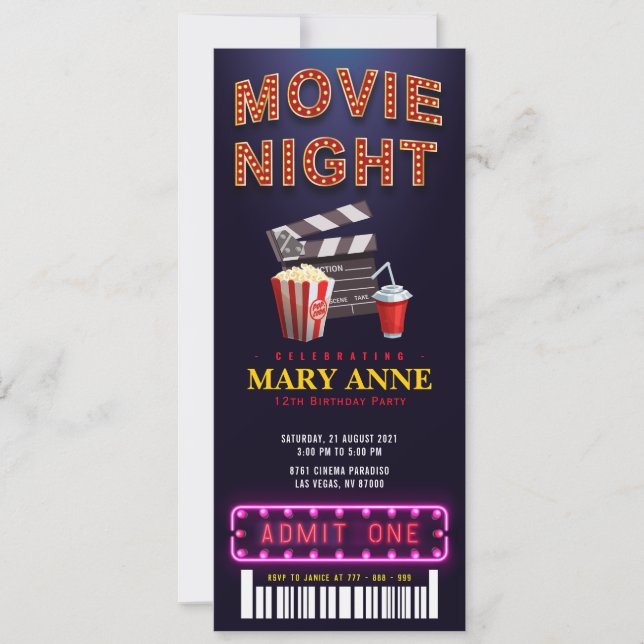 Movie Night Birthday Party Ticket Pass Geburtstag Einladung (Vorderseite)