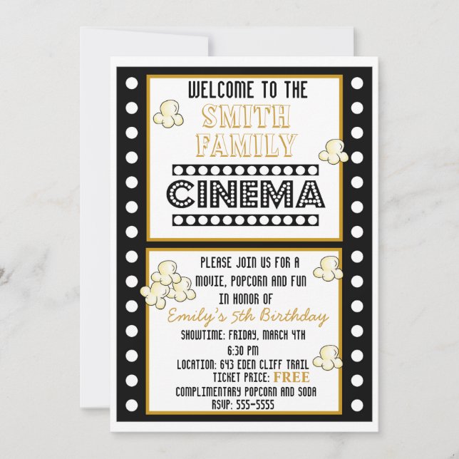 Movie Night Film Strip Popcorn Birthday Invitation Einladung (Vorderseite)