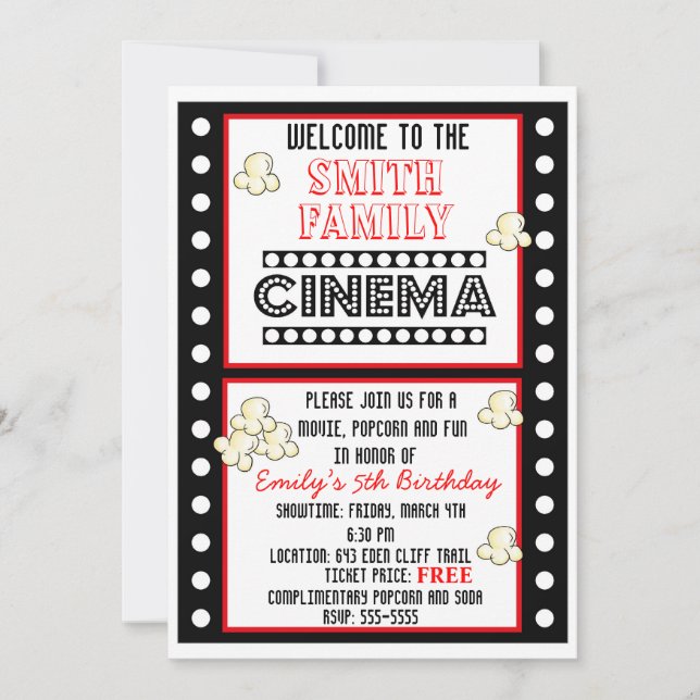Movie Night Film Strip Popcorn Birthday Invitation Einladung (Vorderseite)