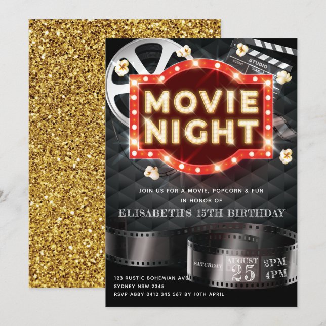 Movie Night Luxury Gold Glitzer Einladung (Vorne/Hinten)