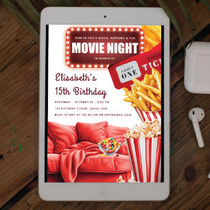 Movie Night Modern Red Birthday Einladung