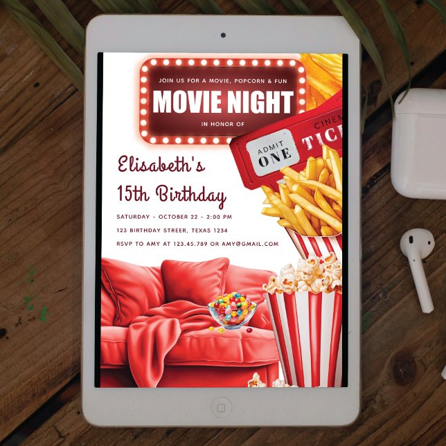 Movie Night Modern Red Birthday Einladung (Von Creator hochgeladen)