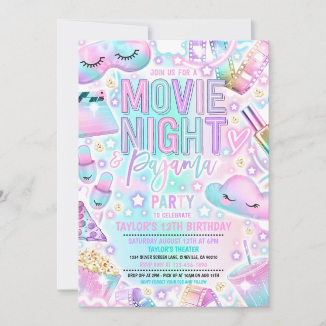 Movie Night Pajama Pastel Rainbow Birthday Party Einladung (Vorderseite)