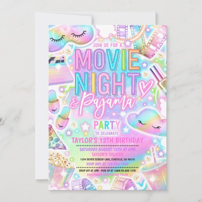 Movie Night Pajama Pastel Rainbow Birthday Party Einladung (Vorderseite)