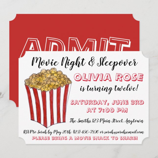 Movie Night Sleepover Popcorn Geburtstagsparty Rot Einladung (Vorne/Hinten)
