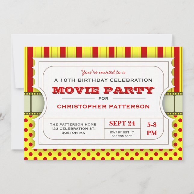 Movie Party Geburtstagsparty Eintrittskarte| Rot Einladung (Vorderseite)