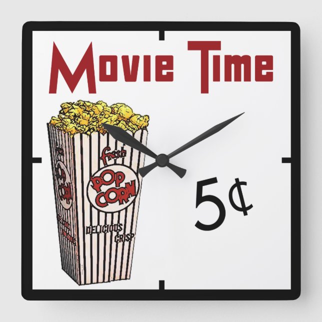 Movie Popcorn Quadratische Wanduhr (Vorderseite)