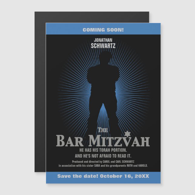 Movie Star Bar Mitzvah Black Navy Magneteinladung (Vorne/Hinten)