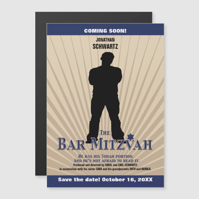 Movie Star Bar Mitzvah Tan Navy Blau Magneteinladung (Vorne/Hinten)