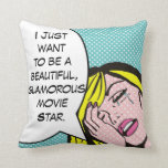 Movie Star Pop Art Throw Kissen<br><div class="desc">Schrei mir einen Fluss! Dieses Comic inspiriertes Design zeichnet sich durch eine emotional desillusionierte junge Frau und eine Sprechblase aus, die lautet: "Ich wollte einfach, ein schöner, glamouröser Filmstar zu sein." Die Frau und die Sprechblase sind auf einem aqua Hintergrund. Die gegenüberliegende Seite des Kissens ist der Aqua-und weißen Polka-Punkte....</div>